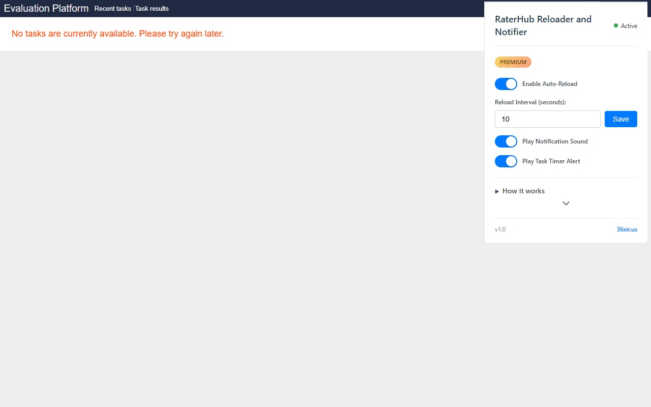 RaterHub Reloader and Notifier extension open on the RaterHub evaluation platform